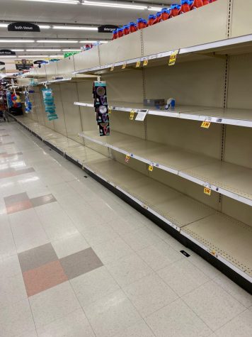 Empty shelves in the King Soopers aisle dedicated to toilet paper and paper towels.