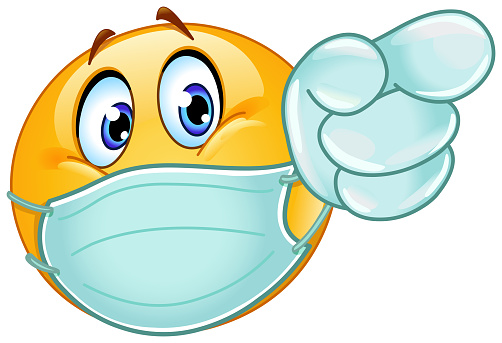 Emoji emoticon with medical mask over mouth and disposable gloves pointing forward