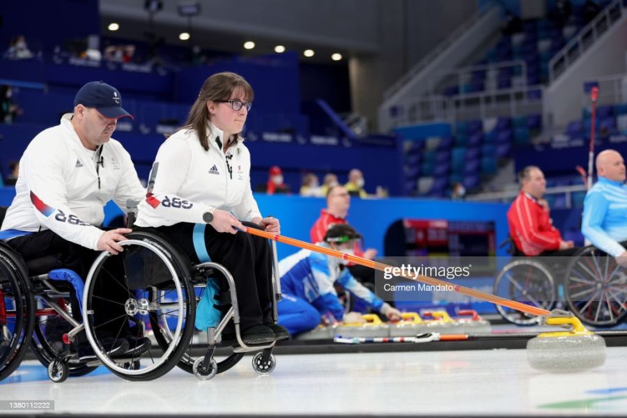 BEIJING, CHINA - MARCH 05: Meggan Dawson-Farrell of Team Great Britain competes against Team Norway at the National Aquatics Center during Day One of the Beijing 2022 Winter Paralympics at on March 05, 2022 in Beijing, China. (Photo by Carmen Mandato/Getty Images)