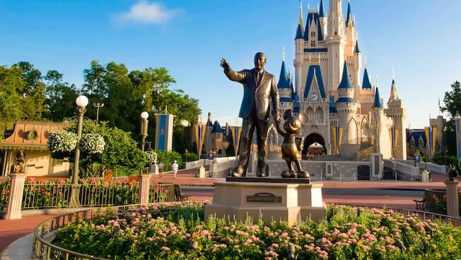 Disney Worlds Magic Kingdom, statue of Walt Disney and Mickey Mouse outside Cinderellas Castle (Photo: disneyworld.com)