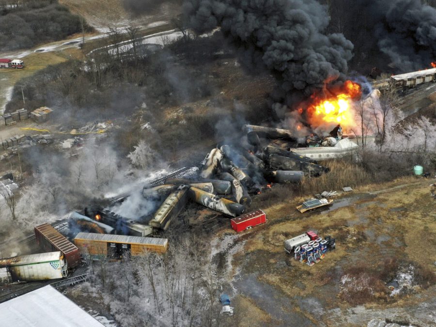 This+photo+taken+with+a+drone+shows+portions+of+a+Norfolk+Southern+freight+train+that+derailed+Friday+night+in+East+Palestine%2C+Ohio+are+still+on+fire+at+mid-day+Saturday%2C+Feb.+4%2C+2023.+%28AP+Photo%2FGene+J.+Puskar%29
