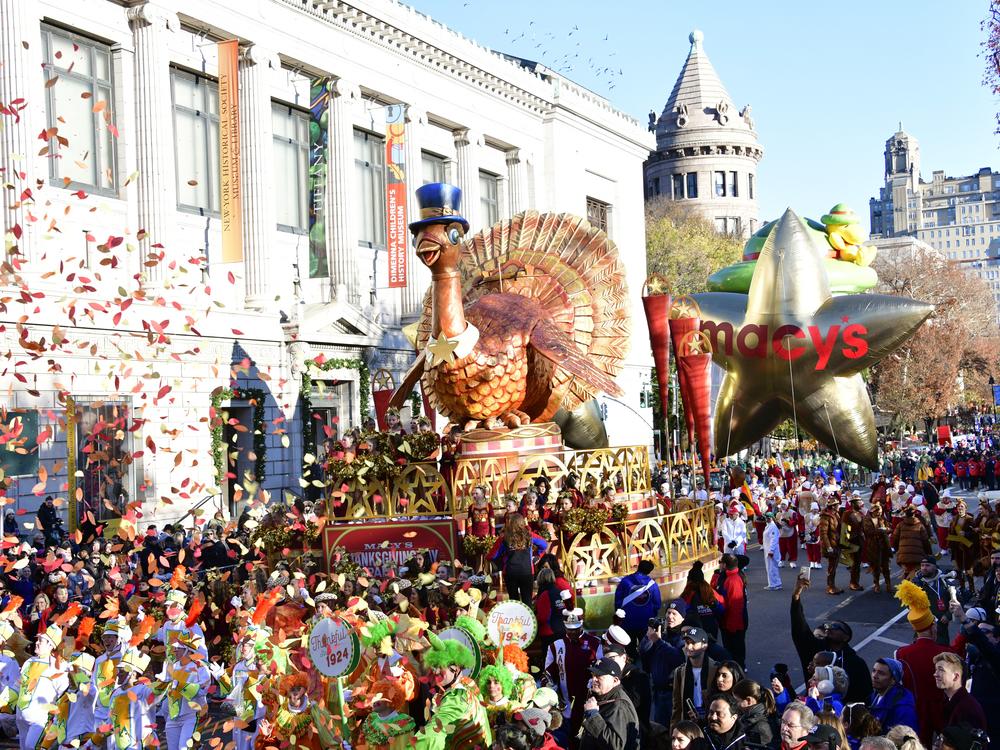 NEW YORK, NEW YORK - NOVEMBER 23: Tom Turkey by
Macy's appears during 97th Macy's Thanksgiving Day Parade on November 23, 2023 in New York City. Tom Turkey, the longest running title float in the Parade, is also the only self-propelled float. (Photo by Eugene Gologursky/Getty Images for Macy's, Inc.)